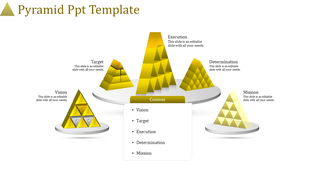 Golden pyramid diagram with five sections vision, target, execution, determination, and mission, on circular platforms.