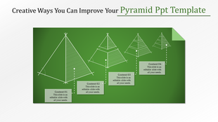 Template with four wireframe pyramids of varying sizes and captions describing each stage, on a green background.