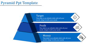 Three level blue pyramid diagram showcasing Target, Profit, and Money with descriptions and icons.