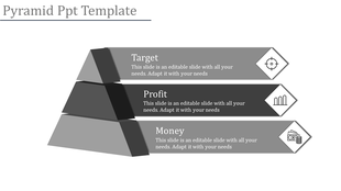 Horizontal pyramid template with three layers, each labeled and paired with icons representing targets, profits, and money