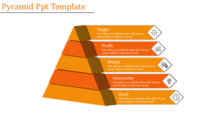 Horizontal pyramid template with five orange layers, each labeled and paired with icons representing targets and time.