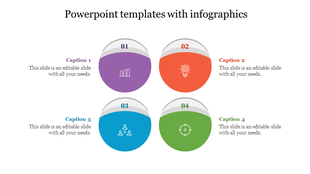Slide showing four circular icons in purple, orange, blue, and green with captions labeled 01 to 04.