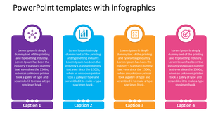 Four colorful vertical infographic blocks in purple, blue, orange, and pink, each with icons and captions.