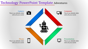 Technology slide with blue, red, orange, and green arrows pointing to icons like camera, computer, and phone.