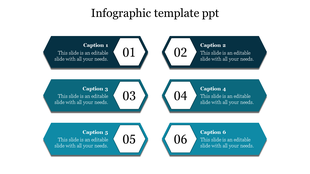 Six horizontal banners with hexagonal number labels, arranged in two rows of three, in shades of blue and teal.