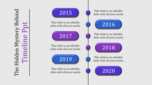 Timeline template showing years 2015 to 2020, with purple and blue buttons aligned on either side of a vertical line