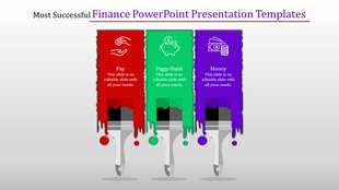 Finance PowerPoint template featuring colorful paintbrushes and icons representing Pay, Piggy Bank, and Money with captions.