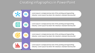 Four step infographic with numbered labels on a vertical purple bar, with icons, and placeholder text on a gray background.