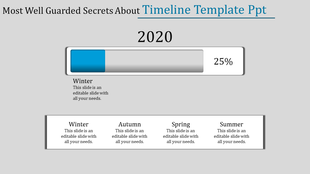 Timeline slide with a progress bar for 2020, marking 25 percent, with seasons below Winter, Autumn, Spring, and Summer.