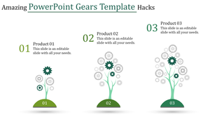 A slide with three gear trees, numbered 1 to 3, each with placeholder text.