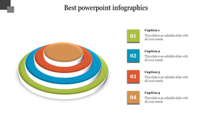Layered 3D circular infographic with four colorful rings in green, blue, red, and orange, with captions labeled 01 to 04.