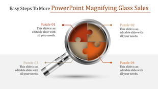 PowerPoint template showing a magnifying glass with puzzle pieces, demonstrating the steps to increasing sales with captions.