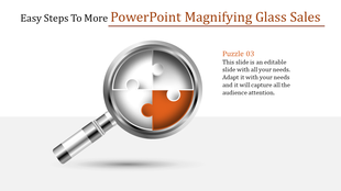 Magnifying glass infographic in a slide showing a circular puzzle with an orange piece, with three caption areas.