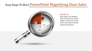 PowerPoint slide featuring a magnifying glass focusing on a puzzle piece to highlight steps with captions.