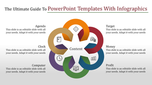 Infographic showing six arrows in orange, red, green, blue, and purple arranged around a central label,