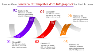 Colorful infographic with six curved ribbons in purple, red, and orange, each labeled as elements 01 to 06.
