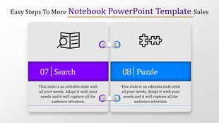 Two connected notebook style sections with icons for search and puzzle, numbered 07 and 08, in purple and blue.