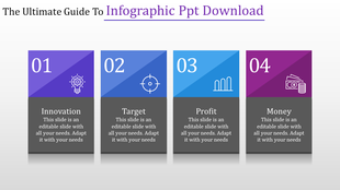 Infographic with four colorful sections featuring a lightbulb, target, bar chart, and money icons in sequence.