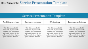 Service template with a blue header, featuring four evenly spaced columns with titles and placeholder text.