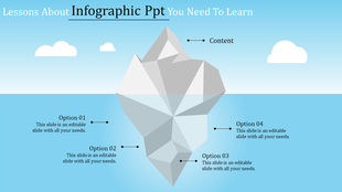Infographic PowerPoint slide featuring an iceberg illustration with labeled options for content.