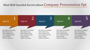 Company infographic with five numbered sections in orange, red, blue, green, and purple, featuring placeholder text areas.