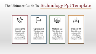 Technology themed layout with four rectangular sections displaying icons of communication, navigation, monitor, and download.