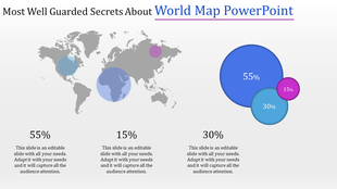 World map slide with three percentage values represented by different colored circles and placeholder text.