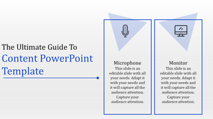 Content template with two vertical panels featuring microphone, caption areas and monitor icons at the top.