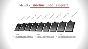 A timeline PowerPoint slide with numbered boxes for 2018 to 2020, each having a caption slot.