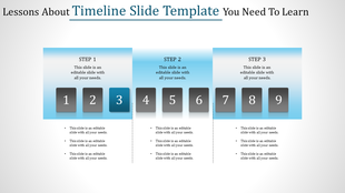 Three step timeline with numbered blocks 1 to 9, in a blue gradient background, each step containing placeholder text.