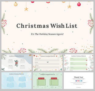 A pack of aesthetic Christmas wish list slides featuring designs with pine branches, ornaments, and red berries with text.