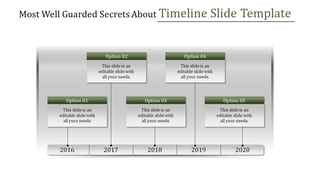 Timeline slide with five sections, each labeled with a year from 2016 to 2020 with placeholder text.