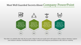 Company PowerPoint template featuring four options with sections for icons with options and placeholder text.
