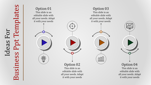 Business slide with four options, each featuring a directional arrow icon and business related graphics with captions.
