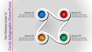 Circular infographic with four connected circles in blue, red, green, and orange, each containing icons and options.