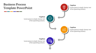 Business process infographic with four circular icons arranged along a vertical timeline with curved arrows.