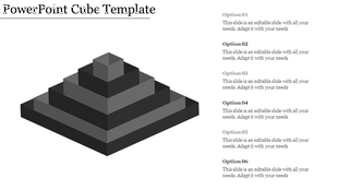 Gray cube-based pyramid infographic with six levels, aligned with option details on the right panel.