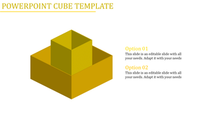Yellow cube PPT template with a stacked cube design and two options with placeholder text.