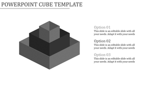 Gray PowerPoint cube template with three stacked layers, each with text sections.