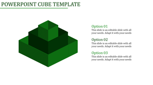 Three-dimensional cube infographic in green showcasing layered sections, with five caption areas.