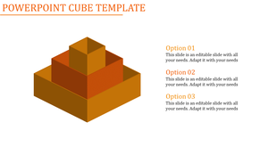 Pyramid-shaped cube infographic in gradient orange tones with placeholder text options displayed alongside.