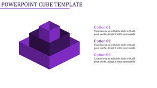 3D purple cube pyramid with three layers on the left, paired with text options on the right.