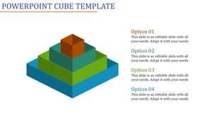 A multicolored 3D cube pyramid with four layers in blue, green, teal, and orange, with text options on the right.