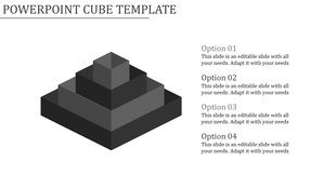 Monochromatic pyramid of stacked cubes with placeholder text areas on the right side placed in a white backdrop.