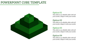 A green 3D pyramid like cube structure with four tiers on the left and text options listed on the right.