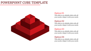 A red 3D pyramid like cube structure with four tiers on the left and text options listed on the right.