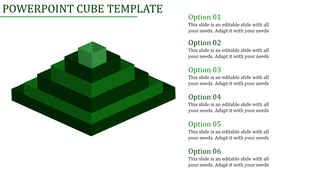 Green pyramid shaped cube layers on the left with six text options listed vertically on the right.