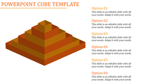 Cube PPT template with stacked blocks in shades of orange, each with six content options.