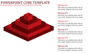 Red cube PowerPoint slide featuring stacked cubes, with six options for content.