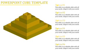 Yellow pyramid shaped cube layers on the left with six text options listed vertically on the right.